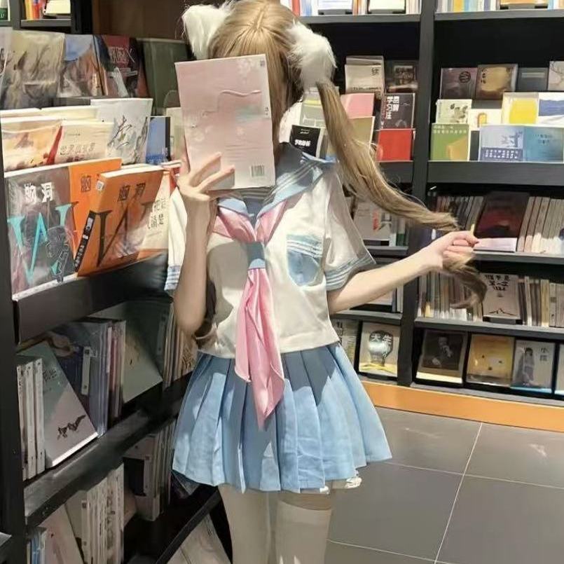 三件套中间服学院风穿搭水手服浅蓝黄色三本短袖衬衫JK制服套装