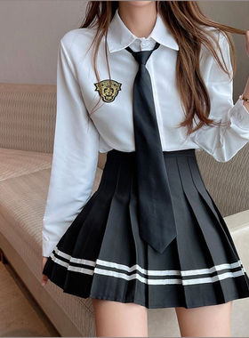 软糯风白色衬衫女2022春秋日系JK学院风设计感小众徽章领带+衬衣