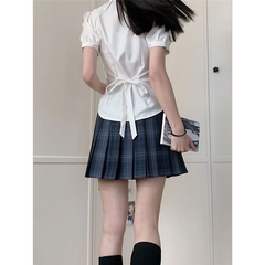 胖MM大码jk制服纯欲收腰衬衫女设计感小众掐腰上衣泡泡袖白色衬衣