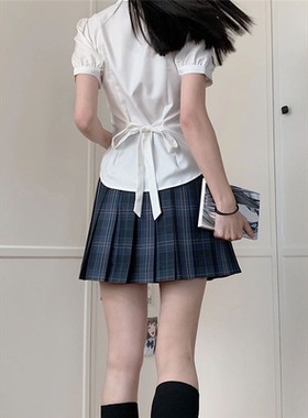 胖MM大码jk制服纯欲收腰衬衫女设计感小众掐腰上衣泡泡袖白色衬衣