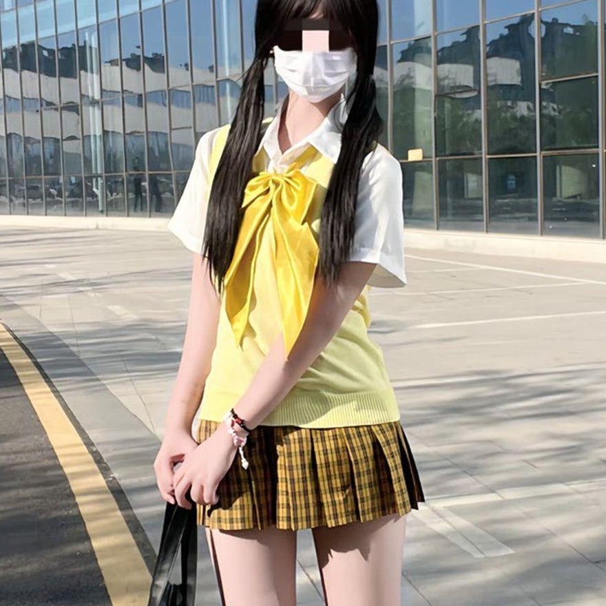 向日葵/jk甜美百褶格裙制服套装夏季V领针织衫马甲叠穿女四件套
