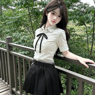 女 白衬衣辣妹学院风黑色短裙套装 三件套jk制服显瘦收腰衬衫 短袖