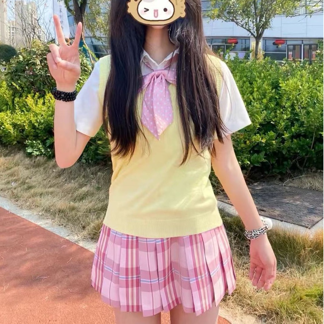 原创JK制服套装背心针织衫马甲百搭学院风粉色JK糖果短裙三件套