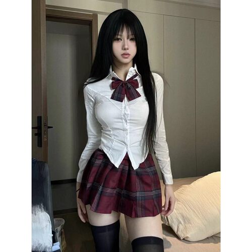 JK制服学院风日系长袖衬衫白色上衣女百搭玄格短裙纯欲风三件套
