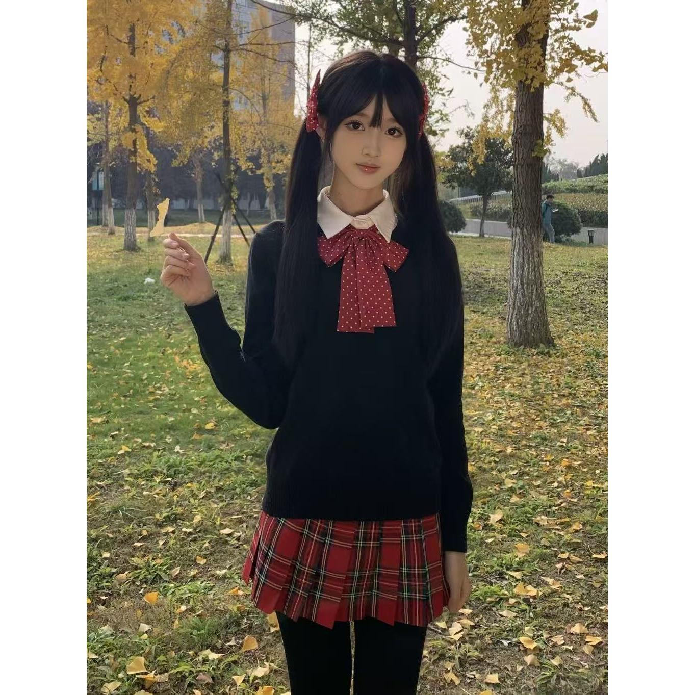 四件套秋冬款黑色针织衫毛衣叠穿基础款衬衫原创小辣椒短裙套装