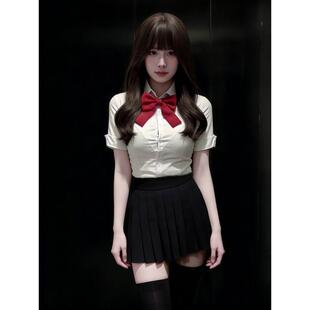 辣妹学院风衬衣百褶格裙套装 三件套jk制服收腰白色衬衫 女长短袖
