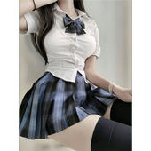 女夏紧身白衬衣百褶裙套装 日系jk制服学院风纯欲辣妹收腰衬衫 短袖