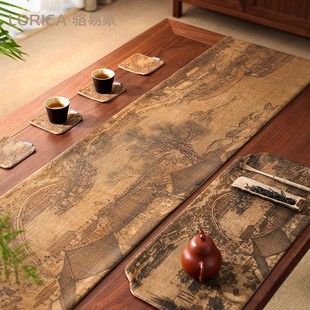 清明上河图桌旗中式禅意茶台布艺长条茶桌布宋代美学茶室布置茶席