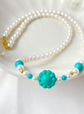 新中式绿松石太阳花国潮贝珠项链锁骨链复古气质百搭小众高级女