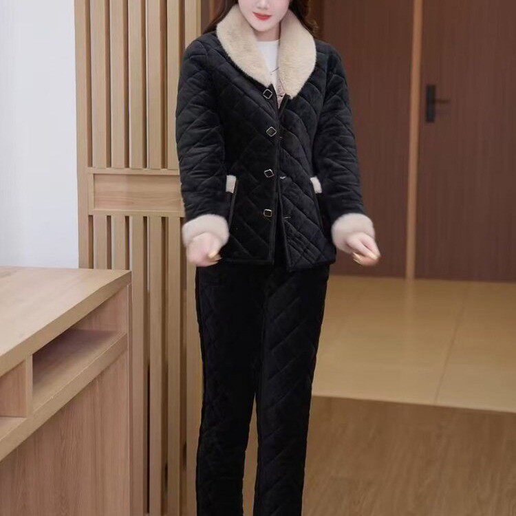 妈妈冬装棉衣棉裤套装中老年人加绒加厚保暖居家服女装棉袄两件套