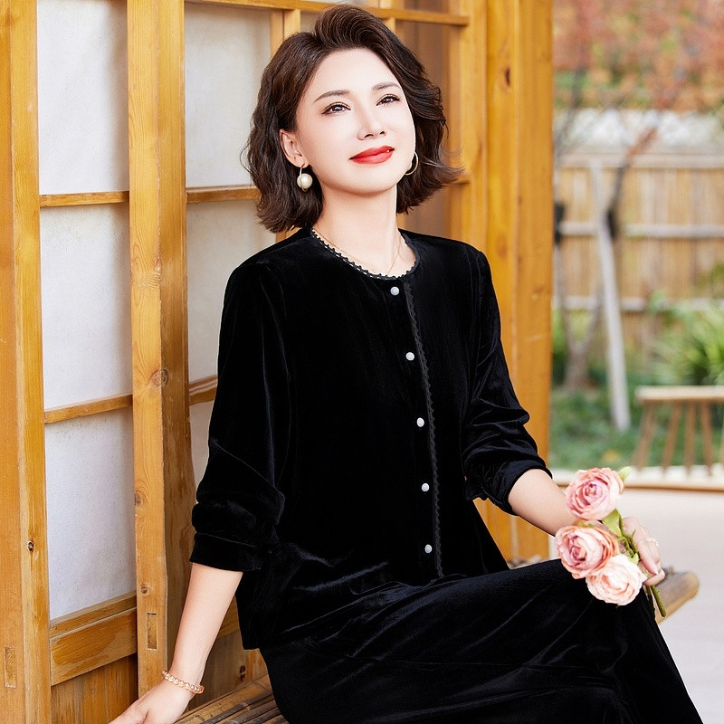 妈妈春装金丝绒上衣打底小衫