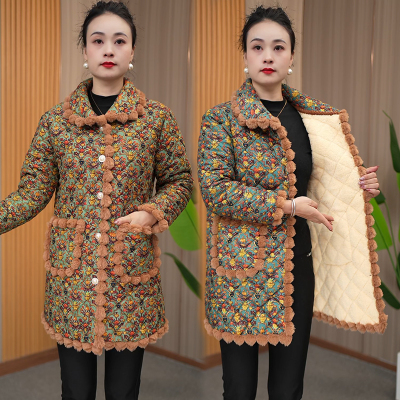 洋气妈妈装小碎花棉袄女冬季新款时尚加绒加厚保暖显瘦外套女