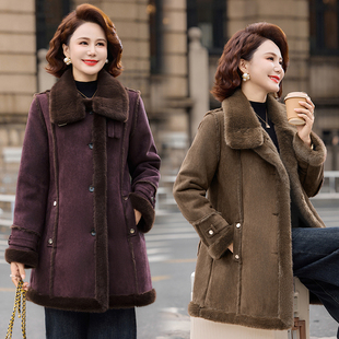 加绒加厚毛呢外套女2025新款秋冬小个子皮毛一体鹿皮绒中长款大衣