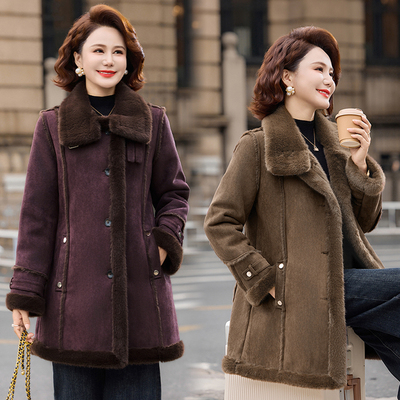 加绒加厚毛呢外套女2025新款秋冬小个子皮毛一体鹿皮绒中长款大衣
