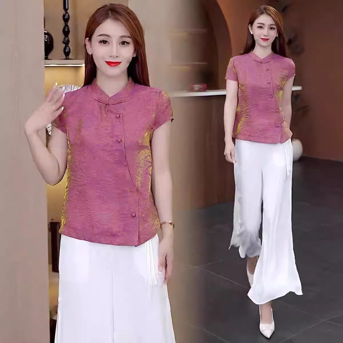 中式立领国风上衣女装2025夏季新款气质显瘦衬衫短袖盘扣洋气小衫