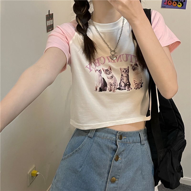 實拍實價韓系少女可愛貓咪拼色恤短款