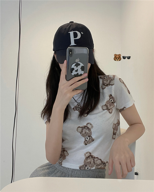 Real price cute bear print short T-shirt