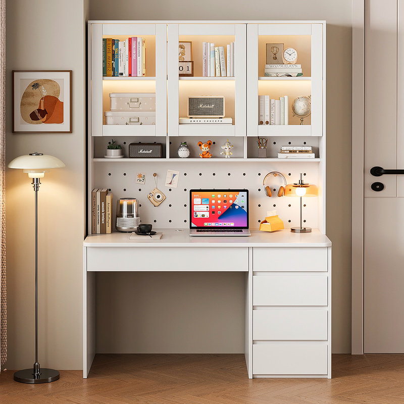 书桌书架一体桌子电脑桌实木带抽屉洞洞板卧室家用办公学生学习桌