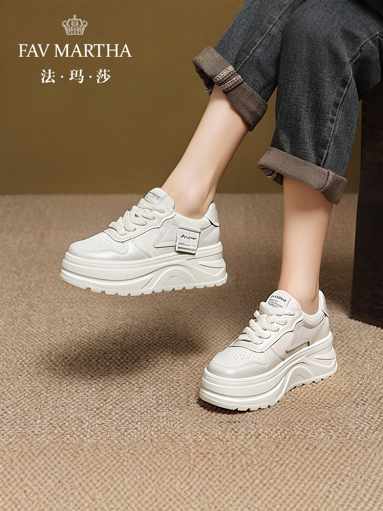 法玛莎小白鞋女款厚底增高2025春秋季新款软皮透气松糕女鞋运动鞋