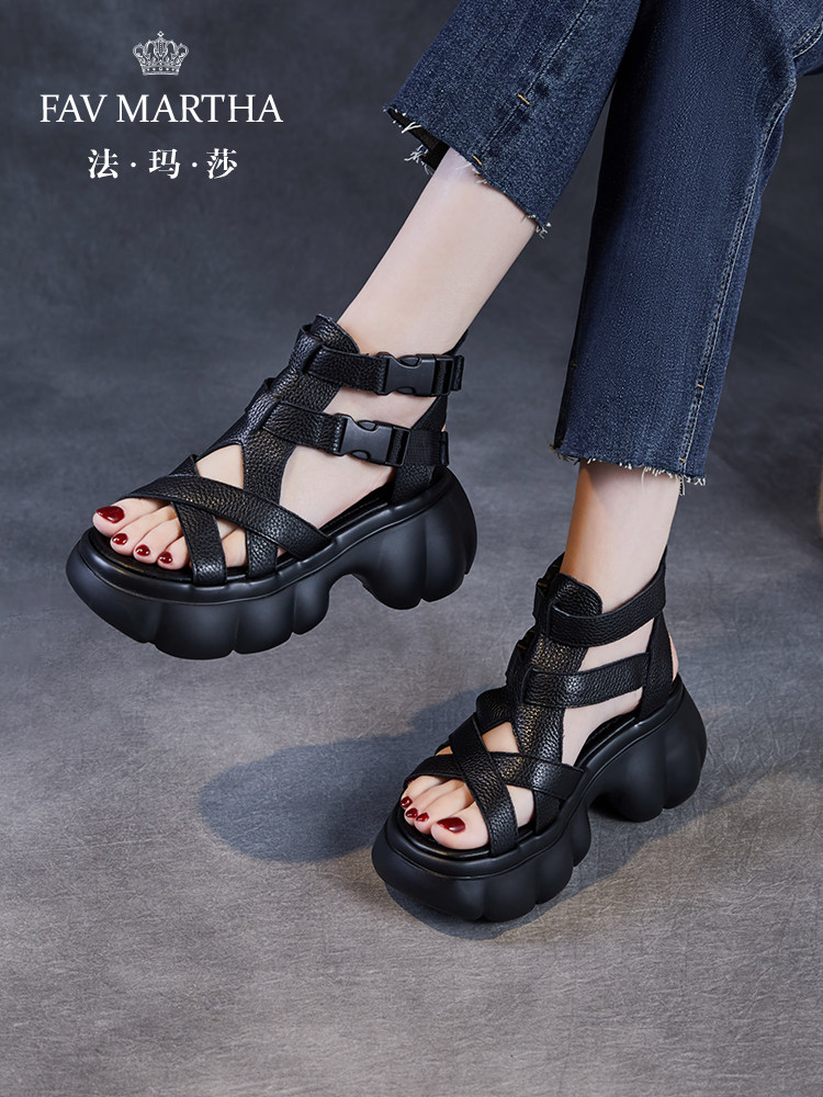 法玛莎罗马凉鞋女厚底头层牛皮2025新款小个子软底交叉绑带松糕鞋