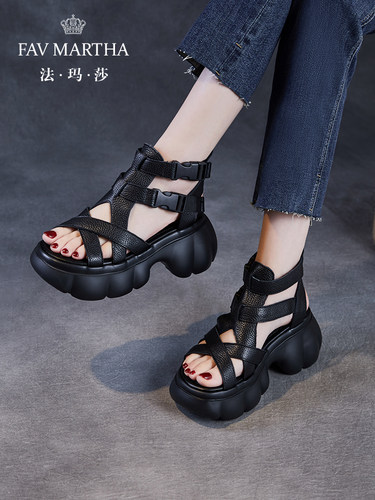 法玛莎罗马凉鞋女厚底头层牛皮2025新款小个子软底交叉绑带松糕鞋