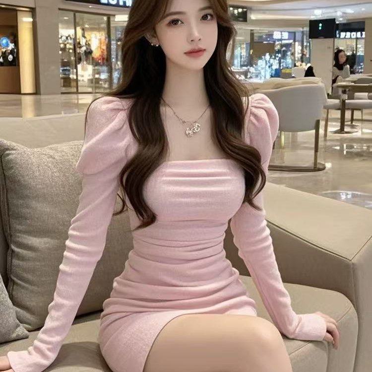 法式温柔风粉色方领长袖连衣裙女秋季新款洋气甜辣妹显瘦包臀短裙,女装/女士精品,连衣裙,淘宝优惠券,粉丝福利购,淘宝优惠卷