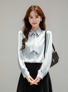 法式蓝色飘带长袖衬衫女秋季小个子设计职业装通勤教师教资面试装