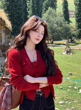 现货 早秋红色针织开衫两件套胶片绯色上衣套装预QXQ5TZ6390A