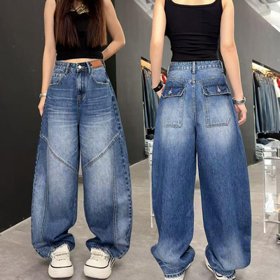 大码阔腿牛仔裤女秋季2025新款梨型身材胖mm显瘦宽松美式直筒裤子
