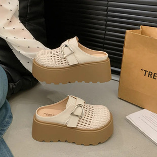 8cm厚底勃肯一脚蹬包头镂空透气半拖鞋 女外穿小个子增高软底拖鞋