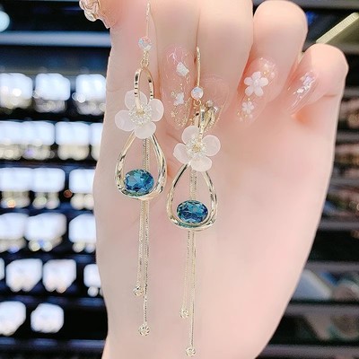 韩版蓝色水钻花朵耳环