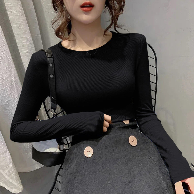 大码网红春秋螺纹长袖打底衫圆领T恤女胖mm外穿内搭显瘦时尚百搭