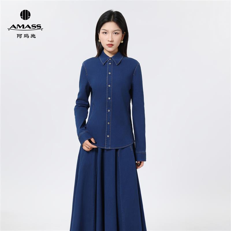 AMASS/阿玛施春季新款简约衬衫气质牛仔含棉衬衫上衣女士530017=