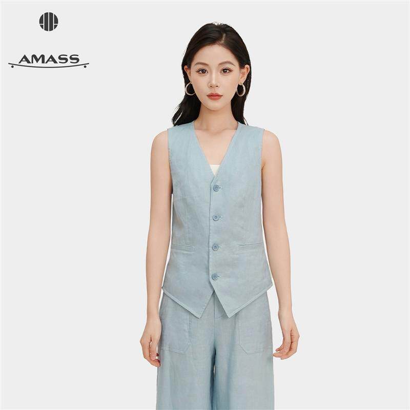 AMASS/阿玛施雾蓝色亚麻西装马甲显瘦V领无袖通勤马夹女5400870
