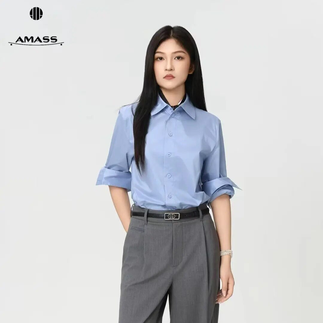 AMASS/阿玛施26早秋新款珠光感轻奢百搭长袖韩版翻领衬衫530171