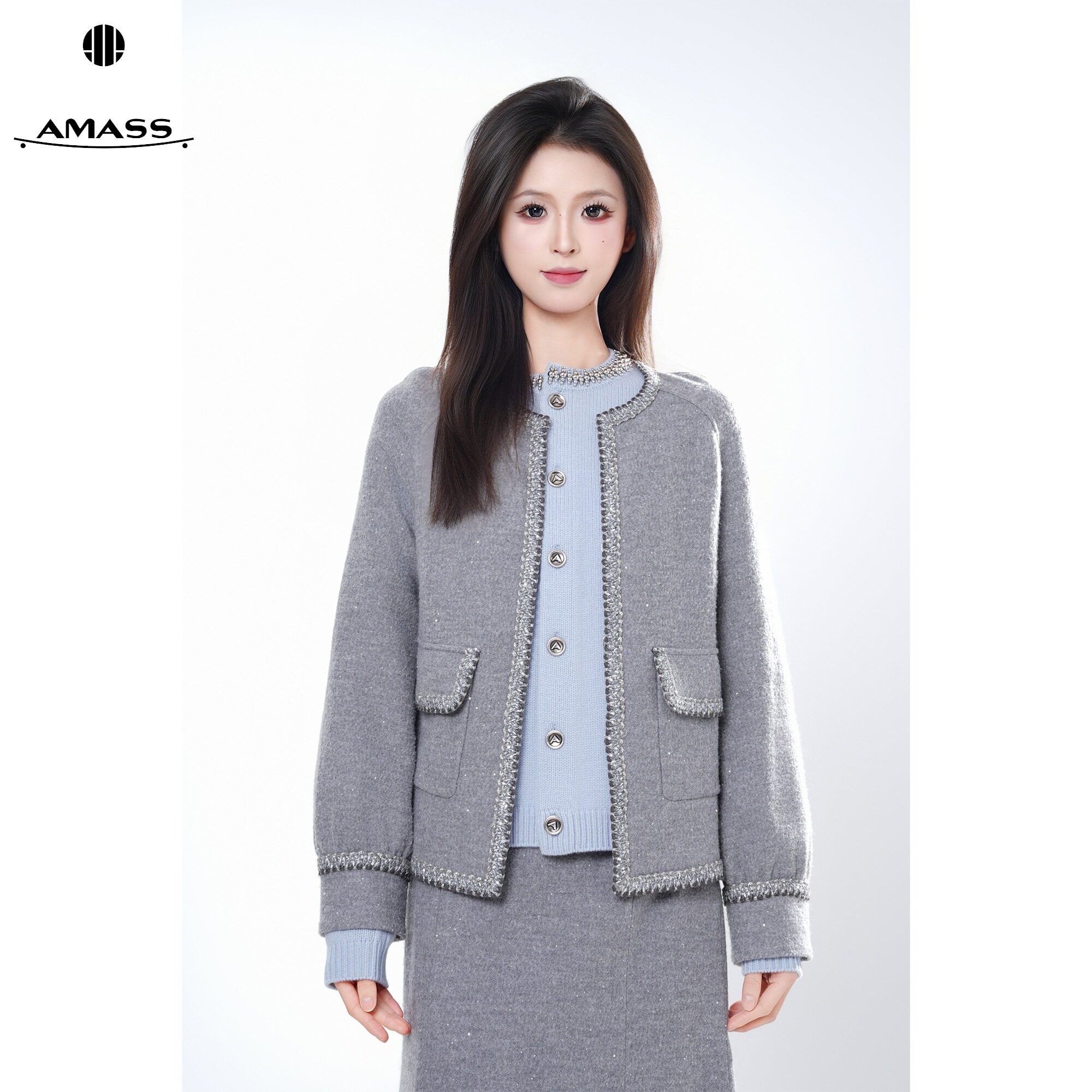 AMASS/阿玛施暗黑时尚百搭圆领毛呢细闪小香风早秋外套女 5400312