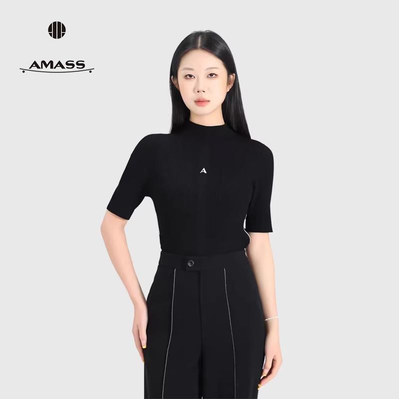 AMASS/阿玛施538063 新款气质优雅简约小A正肩修身立领女短袖针织