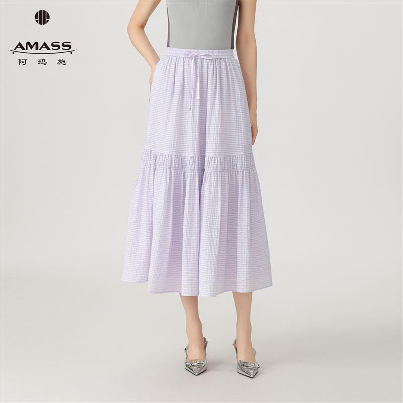 阿玛施抽褶设计小清新高腰半身裙夏季新品大裙摆格子裙女5200408=