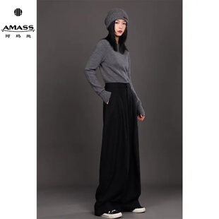 阿玛施高腰慵懒风女裤秋冬黑色阔腿显瘦休闲直筒裤510025