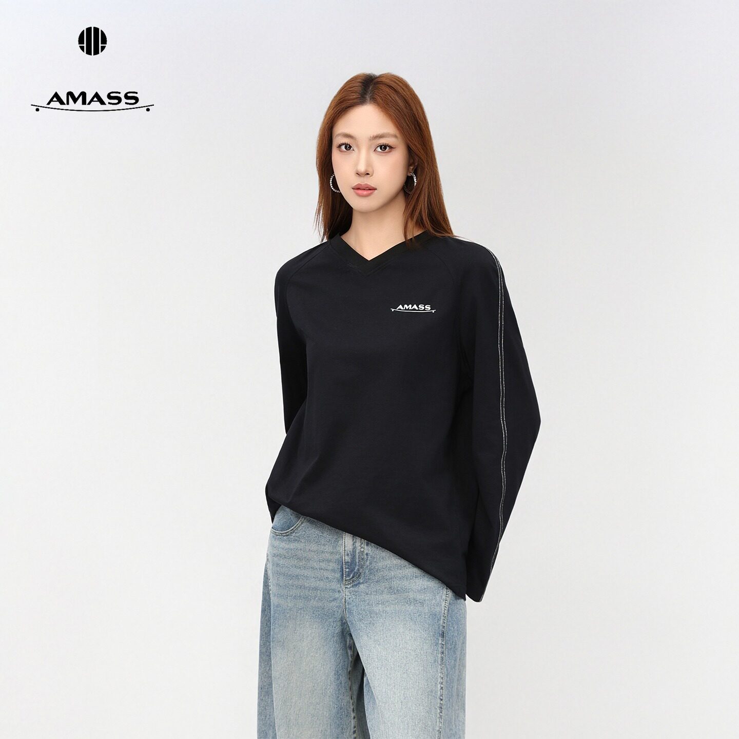 AMASS/阿玛施秋季慵懒休闲百搭小众印花长袖宽松红色T恤女530158