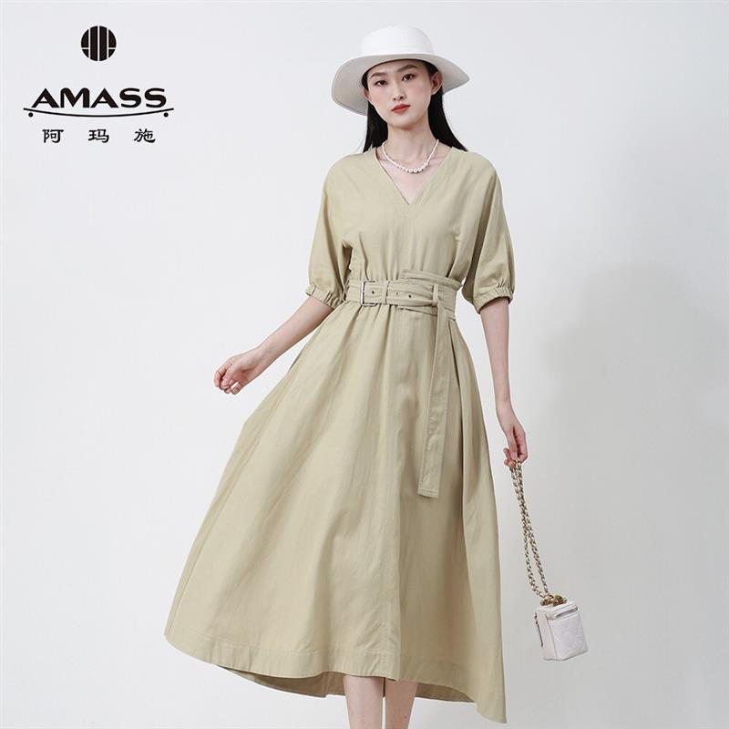 AMASS/阿玛施青草绿气质V领松紧边宽松短袖连衣裙女5500371附腰带