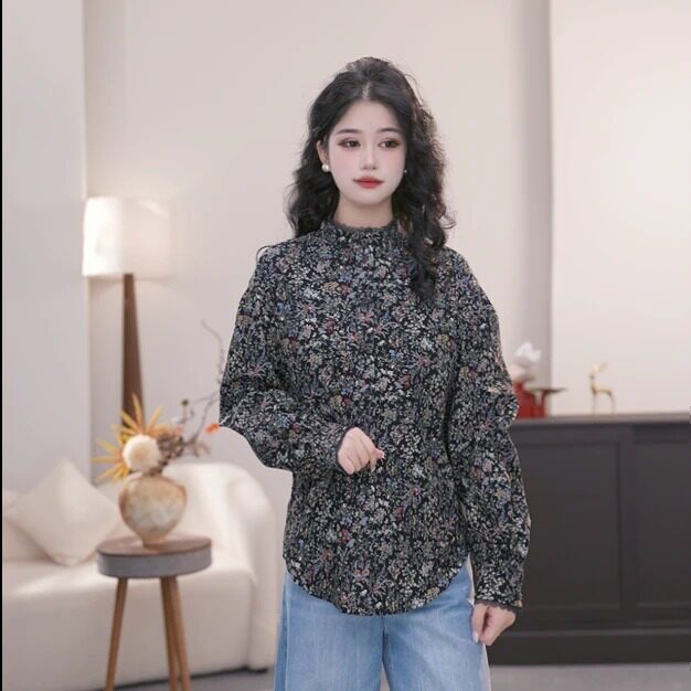 AMASS/阿玛施26新款早秋百搭显瘦复古碎花立领长袖衬衫530115