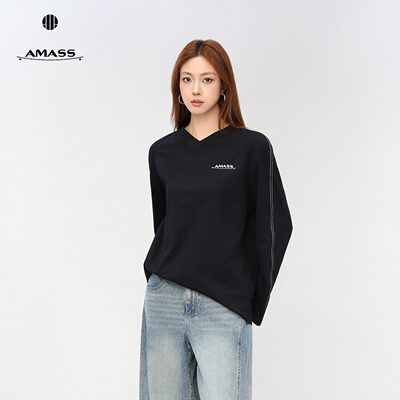 AMASS/阿玛施秋季慵懒休闲百搭小众印花长袖宽松红色T恤女530158