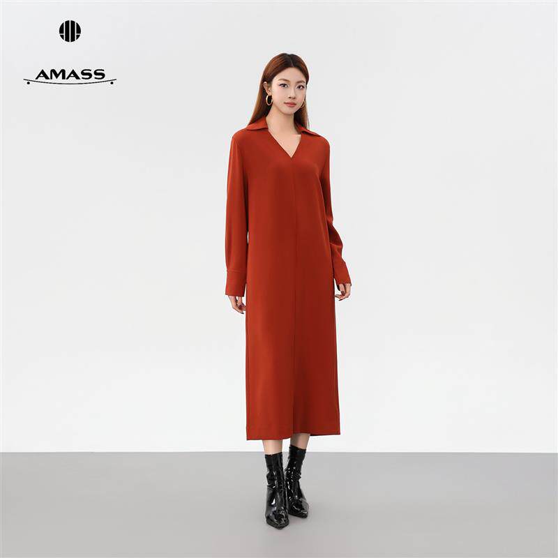 AMASS/阿玛施轻奢风V领针织洋装女桔色收腰长裙高级550036