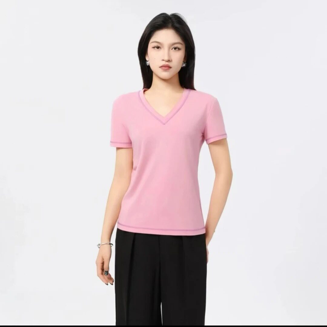 AMASS/阿玛施百搭气质短袖T恤V领显瘦时尚休闲白色t恤女款5301024