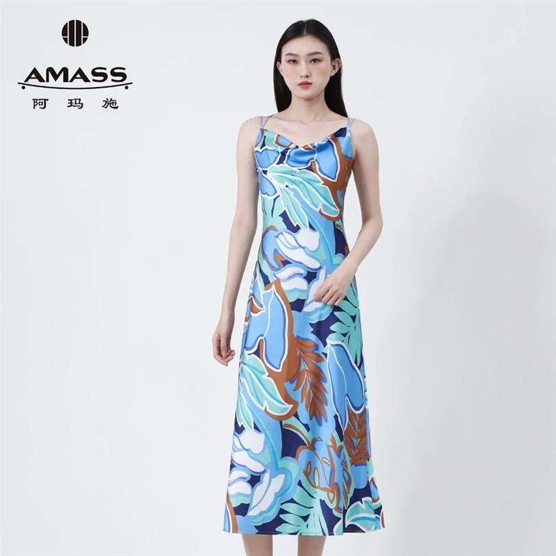 AMASS阿玛施度假风薄荷曼波露背连衣裙时尚气质碎花吊带裙5500456