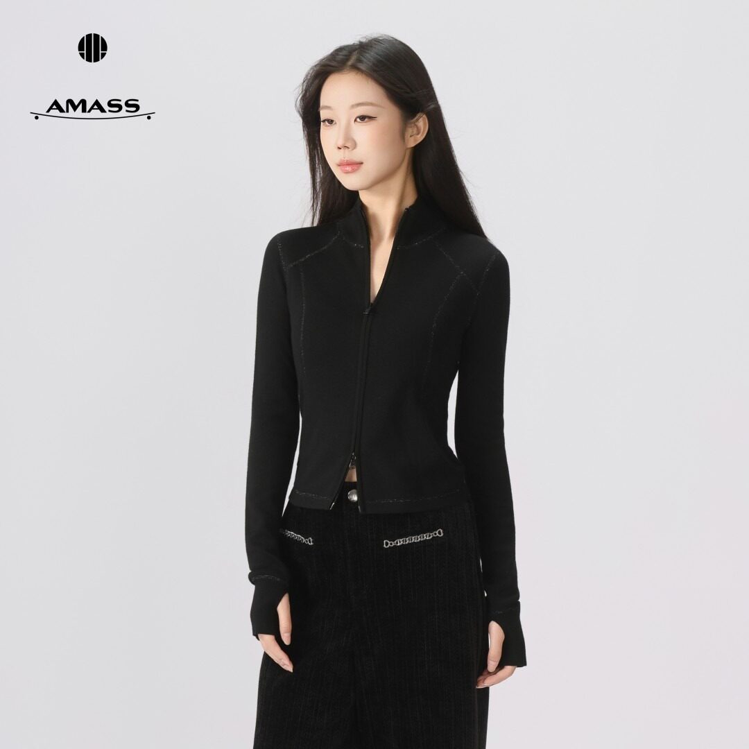 AMASS/阿玛施【官方正品】女装新款质感简约休闲修身立领针织开衫
