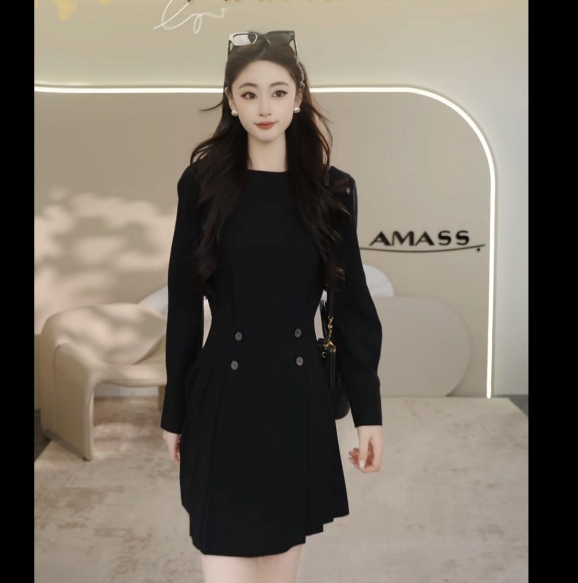 AMASS/阿玛施26年新款早秋气质黑色显瘦长袖小黑裙550079设计感