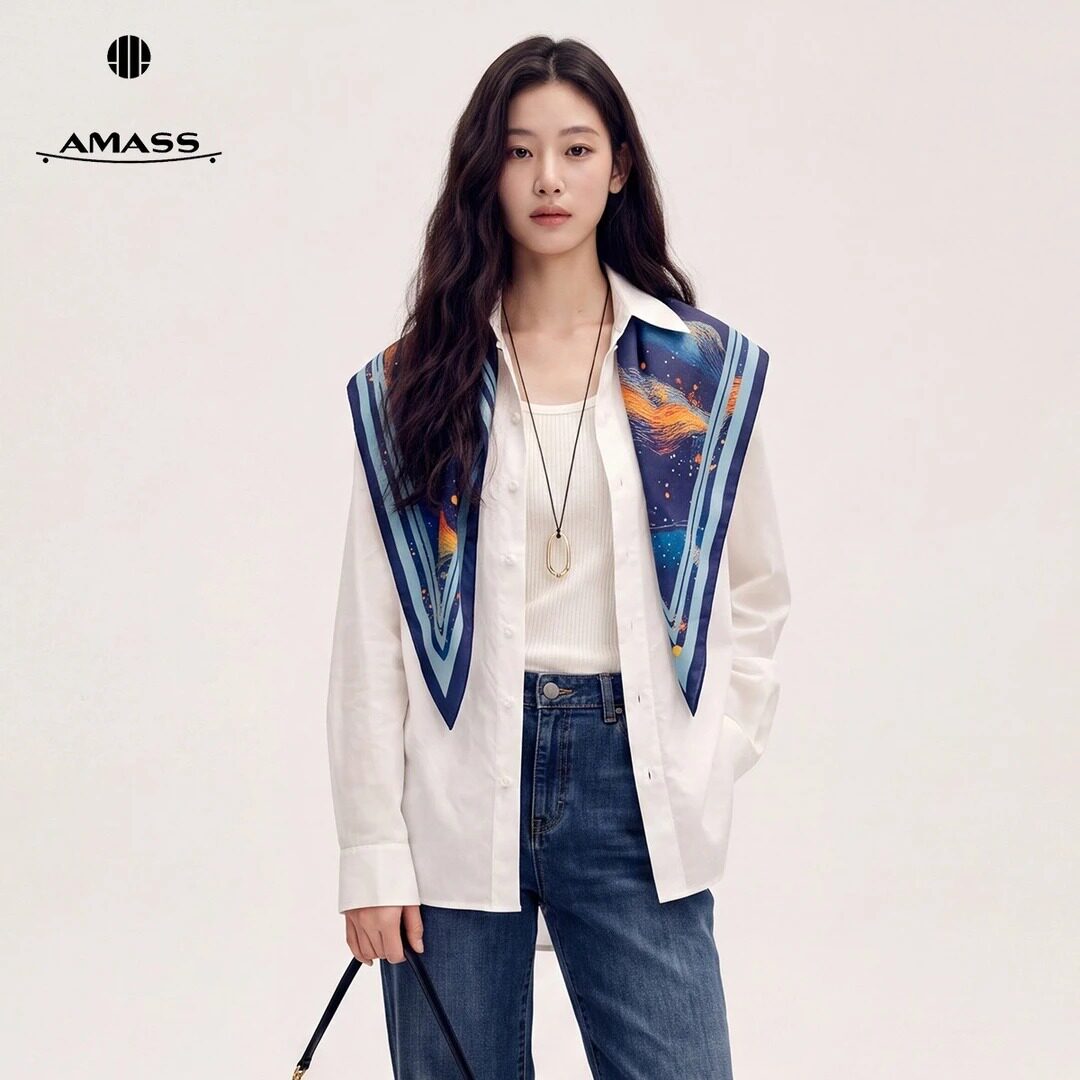 AMASS/阿玛施26秋季新款珠光感轻奢百搭长袖韩版翻领衬衫530171