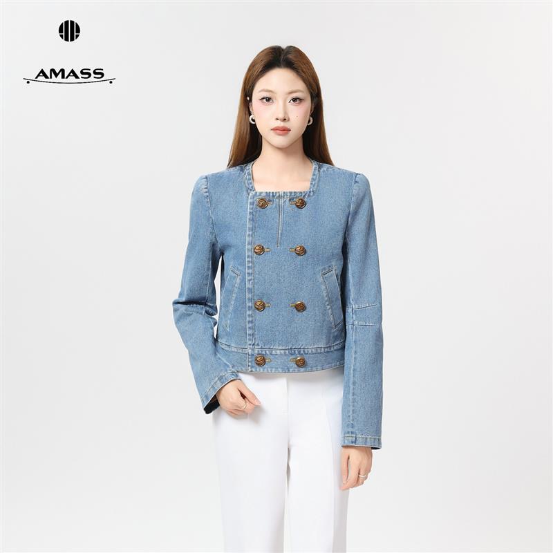 阿玛施短款正肩方领双排扣牛仔外套春季新品复古开衫女装540019=